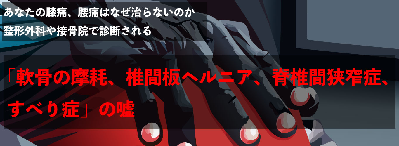 あなたの膝痛、腰痛はなぜ治らないのか、整形外科や接骨院で診断される、「軟骨の摩耗、椎間板ヘルニア、脊椎間狭窄症、すべり症」の嘘"